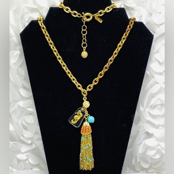 Lilly Pulitzer Women’ Seahorse Turquoise Tassel Necklace GoldTone -22”L Like New - Picture 1 of 7